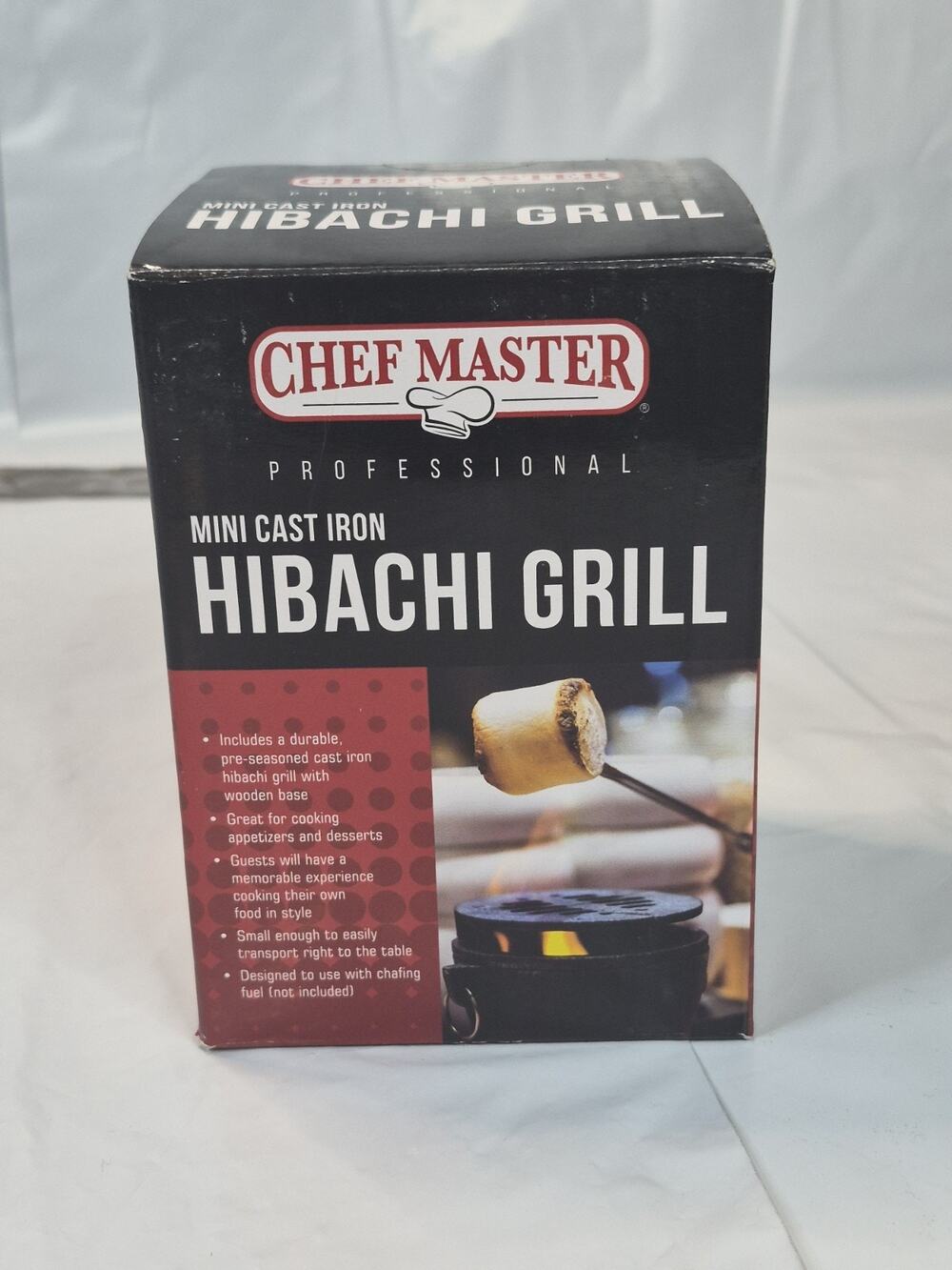 ChefMaster Cast Iron Mini Hibachi Grill, Indoor S'mores, Appetizers, Wooden Base